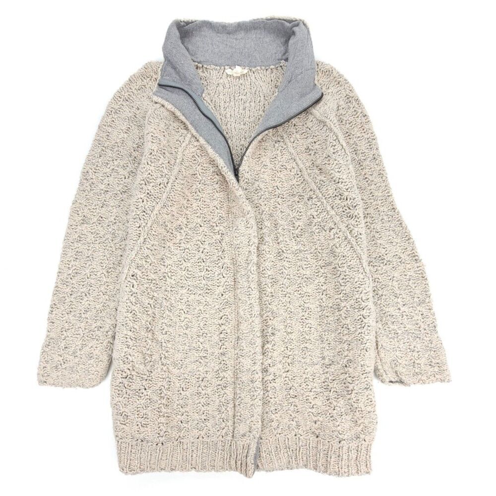 EILEEN FISHER Organic Cotton High Collar 2-Way Zip Jacket Maple Oat Knit Luxury